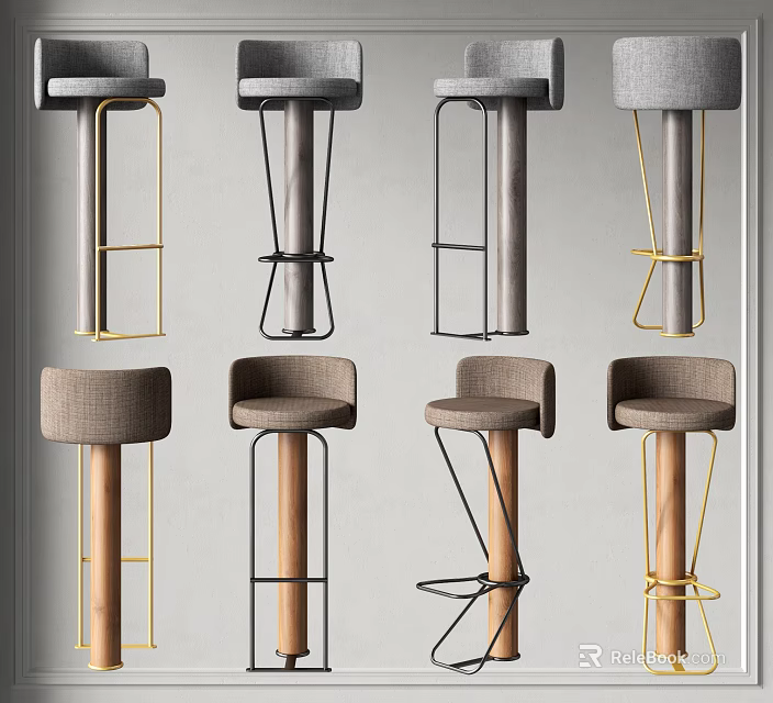Modern Bar Stools With Fabric Backrest Seats Metal Frames And Wooden Legs In Grey Brown 3d model 