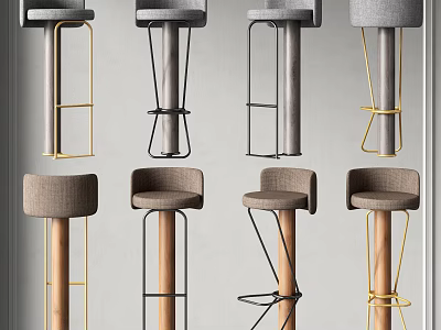 Modern Bar Stools With Fabric Backrest Seats Metal Frames And Wooden Legs In Grey Brown 3d model