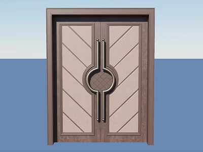 Wooden Double Door With Geometric Patterns Circular Ornament And Metal Handles 3d model