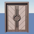 Wooden Double Door With Geometric Patterns Circular Ornament And Metal Handles