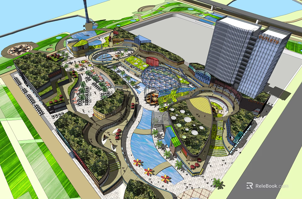 Modern Commercial Street With Greenery Water Features and Pedestrian Walkways 3d model 
