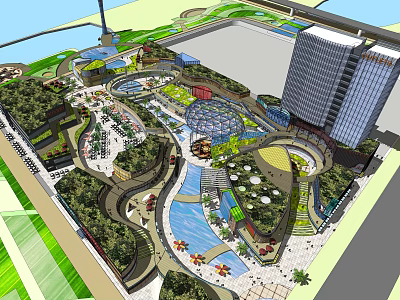 Modern Commercial Street With Greenery Water Features and Pedestrian Walkways 3d model