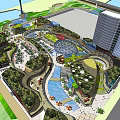 Modern Commercial Street With Greenery Water Features and Pedestrian Walkways