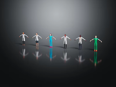 Colorful Character Figurines Standing In A Row On Black Background With Reflections 3d model
