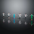 Colorful Character Figurines Standing In A Row On Black Background With Reflections