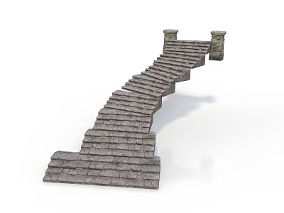 Curved Stone Steps Structure Made With Gray Bricks And Decorative Pillars 3d model