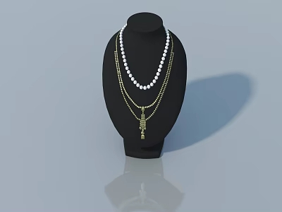Black Jewelry Display Stand With Pearl And Gold Necklaces On Gray Background 3d model
