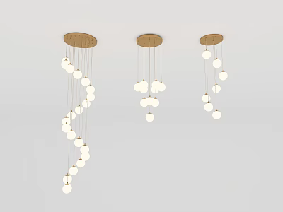 Three Modern Pendant Lights With Wooden Circular Base And White Spherical Bulbs 3d model