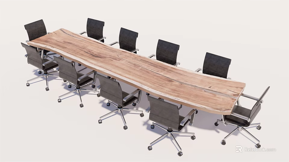 Long Wooden Conference Table With Black Wheeled Office Chairs In Modern Office 3d model 