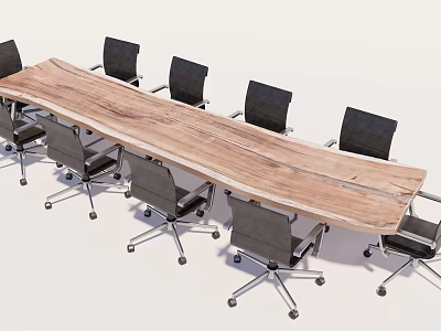 Long Wooden Conference Table With Black Wheeled Office Chairs In Modern Office 3d model