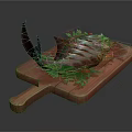 Fresh Cooked Fish on Wooden Cutting Board with Green Leaves and Orange Slices