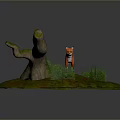 Realistic Red Fox Standing On Circular Platform With Green Grass Small Shrubs And Wooden Log