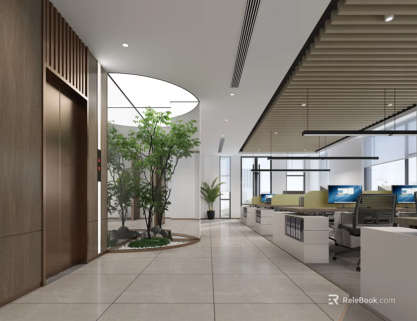 Modern Public Office Space Interior With Open Layout Desks Computers And Green Plants 3d model