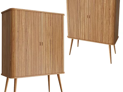 Modern Wooden Wardrobe with Vertical Stripes and Slender Legs Design 3d model