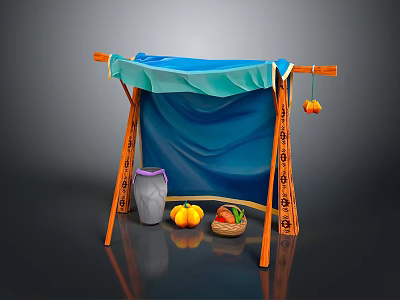 Blue Canopy Structure With Orange Stands Gray Vase Yellow Pumpkins And Fruits 3d model