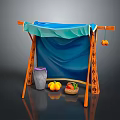 Blue Canopy Structure With Orange Stands Gray Vase Yellow Pumpkins And Fruits