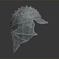 Silver Metallic Weapon Helmet With Detailed Carved Design And Reflective Surface