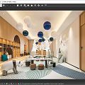 Modern Kindergarten Interior Design With Panda Plush Toy Bookshelves Round Pendant Lights And Carpet