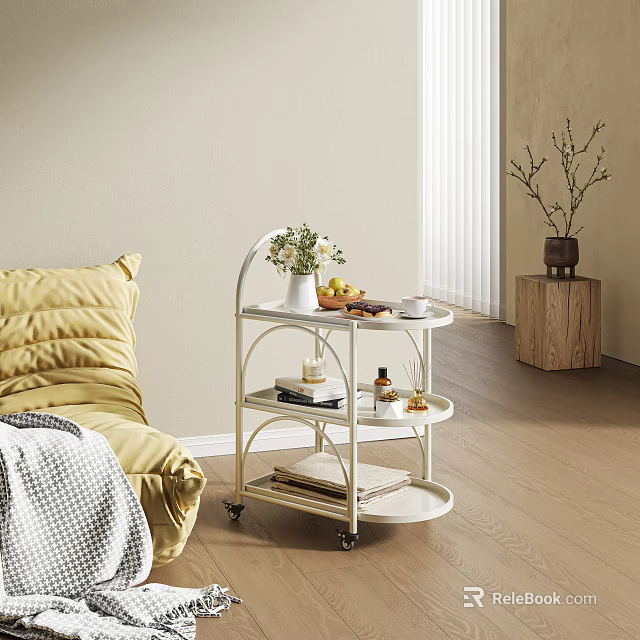 Casual Sofa Set with Yellow Sofa White Rolling Cart Wooden Side Table and Blinds 3d model 