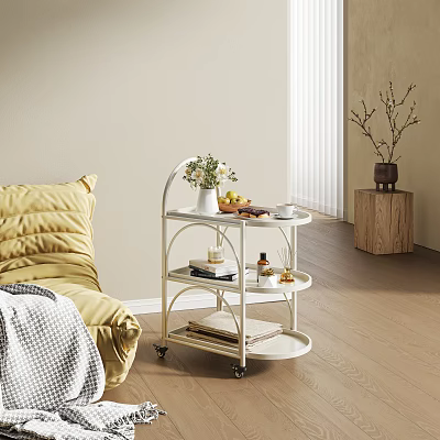 Casual Sofa Set with Yellow Sofa White Rolling Cart Wooden Side Table and Blinds 3d model