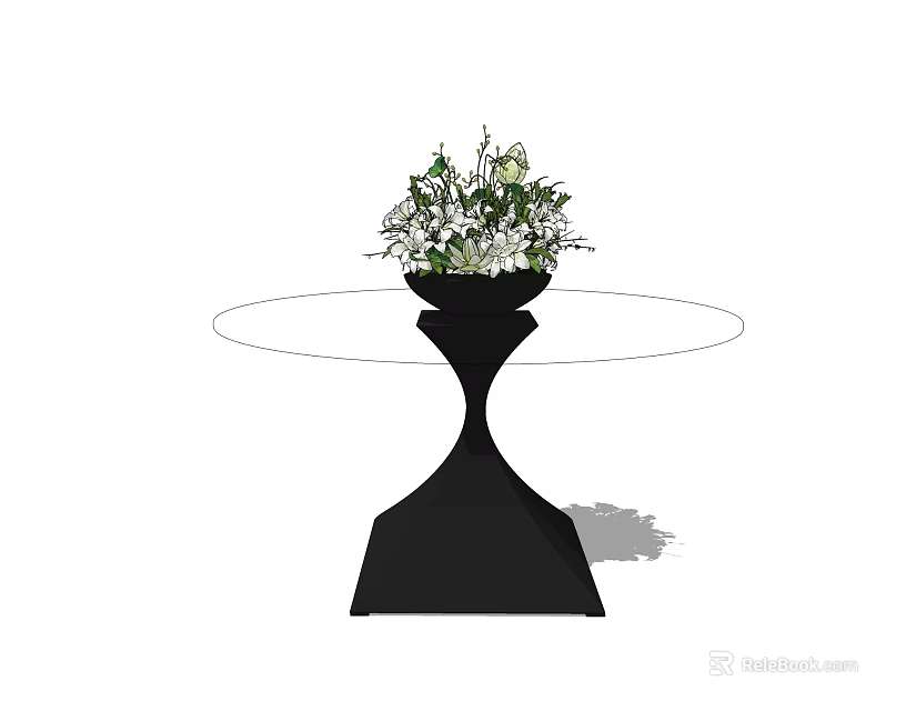 Round Coffee Table With Black Base And Vase With White And Green Flowers 3d model 
