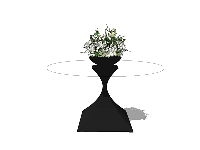 Round Coffee Table With Black Base And Vase With White And Green Flowers 3d model
