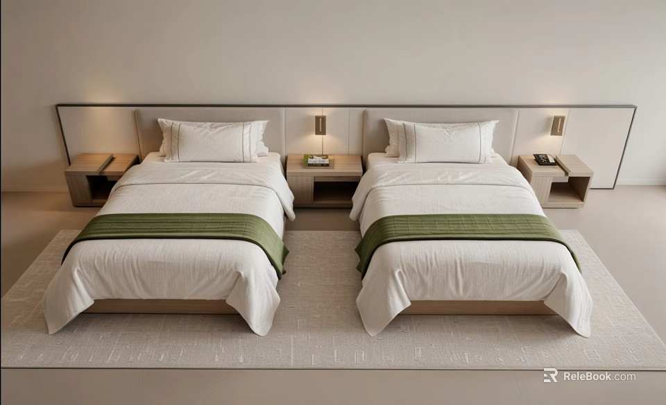 Minimalist Bedroom Interior With Twin Beds White Sheets Green Stripes And Bedside Lamps 3d model 