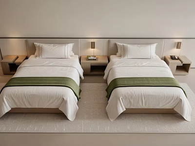 Minimalist Bedroom Interior With Twin Beds White Sheets Green Stripes And Bedside Lamps 3d model