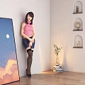 Woman in pink top and denim skirt leaning against wall with black fishnet stockings
