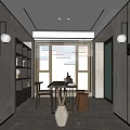 Modern Study Room Featuring Chinese Elements Large Windows Writing Desk Bookshelves And Pendant Lights