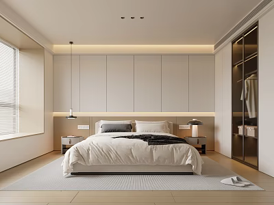 Modern Bedroom Interior Design With Bed Bedside Tables Lamps Wardrobe And Window Blinds 3d model