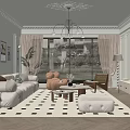 Elegant Modern Living Room Interior With Beige Sofa Geometric Rug Chandelier And Framed Artworks