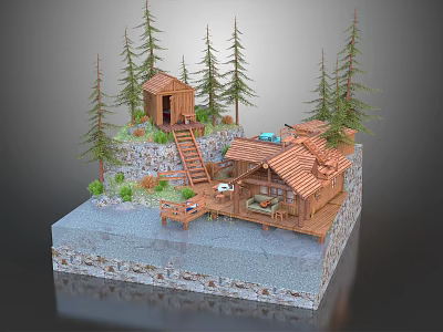 Log Cabin Surrounded by Pine Trees with Wooden Staircase Stone Base and Deck 3d model