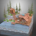 Log Cabin Surrounded by Pine Trees with Wooden Staircase Stone Base and Deck