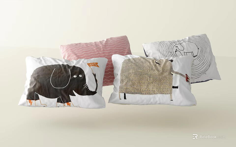 Cute Cartoon Animal Pattern Pillows with Elephant Giraffe in Pink White Black Beige 3d model 