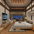 Chinese Style Hotel Guest Room Featuring Wooden Elements Sofa Bed Green Plants And Fan Decorations