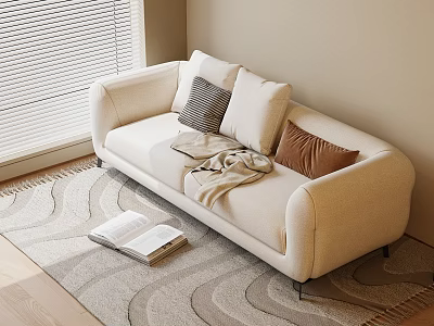 Beige Two-seater Sofa Living Room Interior With Gray Brown Pillows Blanket Open Book Window Blinds 3d model