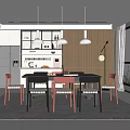 Modern Dining Room With Wooden Wall Pendant Lights Open Kitchen Area And Red Black Chairs