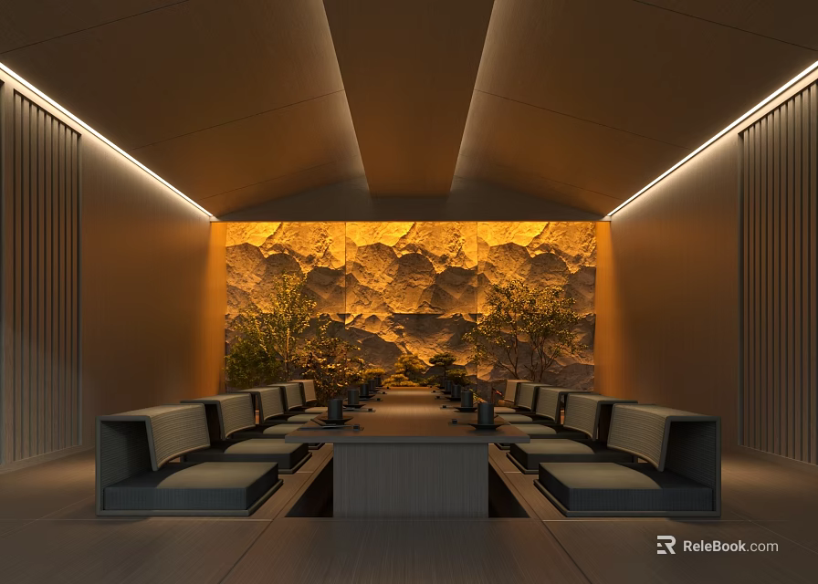 Modern Private Room With Long Table Seats Textured Wall And Greenery 3d model 