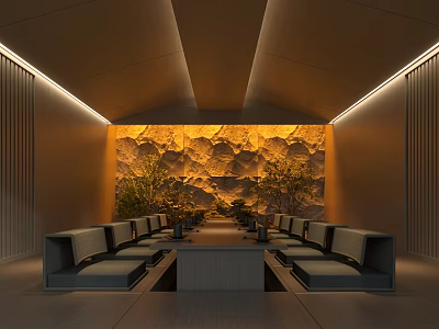 Modern Private Room With Long Table Seats Textured Wall And Greenery 3d model