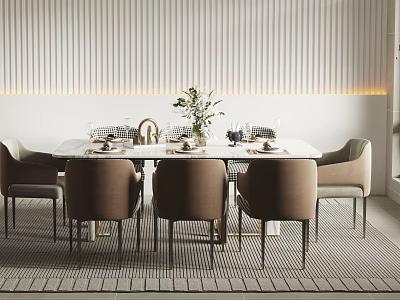 Modern White Dining Table Set With Brown Chairs Vase Tableware Striped Wall And Lighting 3d model
