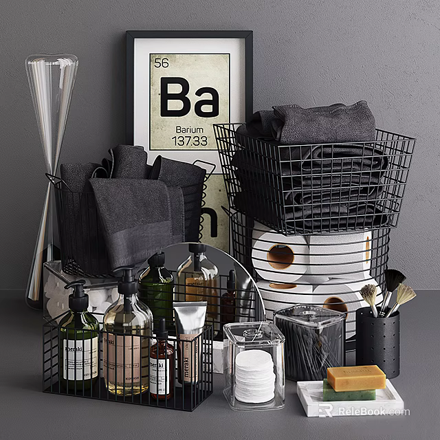 Bathroom Accessories Organized In Black Wire Baskets With Gray Towels Toiletries Mirror And Soap 3d model 