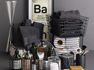 Bathroom Accessories Organized In Black Wire Baskets With Gray Towels Toiletries Mirror And Soap 3d model