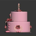 Two Tier Pink Cake with Red Roses and Heart Decorations on Top