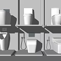 Modern Toilet Collection Showcasing Various Styles On Shelves With Bidet Attachments