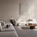 Minimalist Living Room Interior With Beige Wall Large Painting White Sofa And Wooden Coffee Table