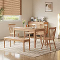 Cozy Home Dining Room Wooden Table Chairs Set With Bench Vase Flowers And Window Blinds