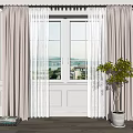 Brown Curtains With White Sheer Panels For Window In Modern Interior With Green Plant
