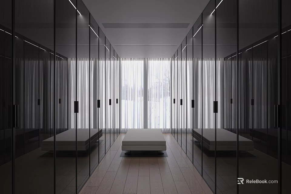 Elegant Modern Luxury Walk In Closet With Mirrored Cabinets LED Lighting And Wooden Flooring 3d model 