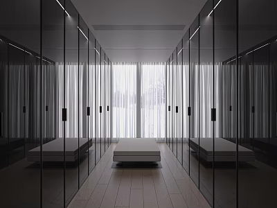 Elegant Modern Luxury Walk In Closet With Mirrored Cabinets LED Lighting And Wooden Flooring 3d model